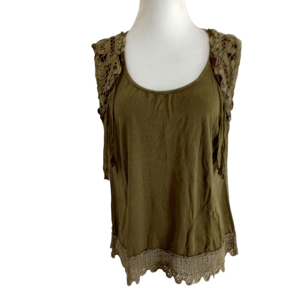 GIMMICKS BY BKE BUCKLE Sz XS Olive Green Boho Western Tank Top Fringe Stretch